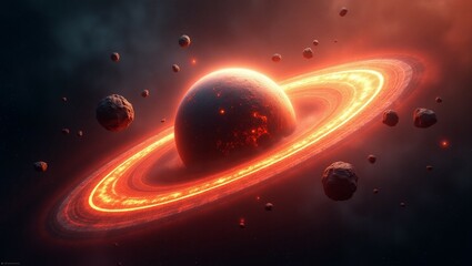 Fototapeta premium A large, glowing planet with fiery, glowing rings reminiscent of Saturn's, but bright and molten. The planet's surface is dark with glowing red spots.
