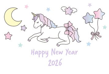 かわいいユニコーンの年賀状のテンプレート。2026年、午年、白馬、ベクター、干支、ゆめかわ