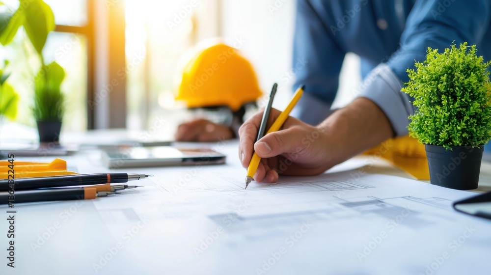 Poster architect s desk with engineering documents drafting tools and technology workspace for professional