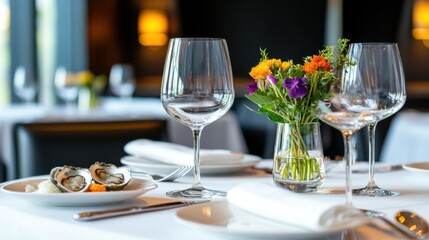 Fototapeta premium Beautifully set dining table with elegant glassware a vase of vibrant flowers and other upscale dining accoutrements in a high end restaurant or formal home setting