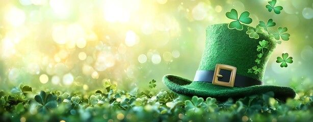 A vibrant green hat adorned with shamrocks on a bright background, symbolizing St. Patrick's Day festivities.
