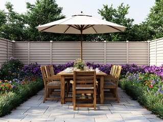 Obraz premium Beautiful outdoor dining space surrounded by vibrant flowers and greenery.