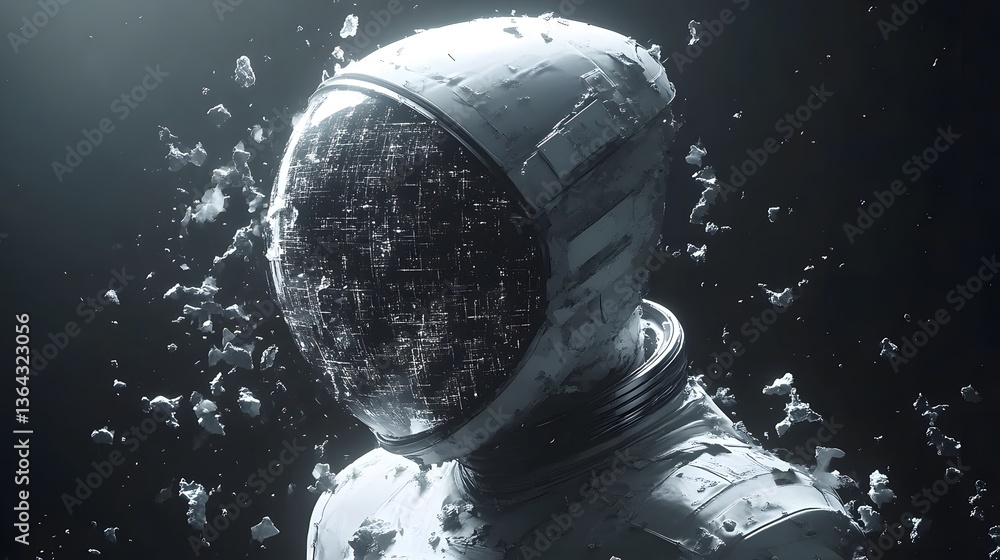 Poster astronaut man wearing a space suit in an abstract cyberpunk universe surrounded by cosmic elements a