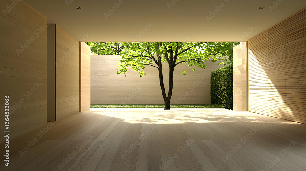 Poster wooden interior with tree in the center and sunlight coming through the open space architecture buil