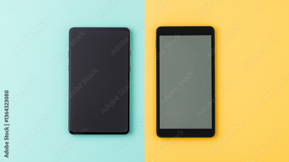 Poster contrast of colors: a visually striking composition features two modern electronic tablets. the imag