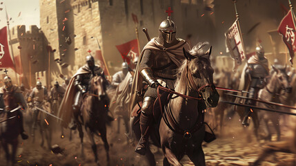 Fototapeta premium Knights in full armor displaying determination in battle scene