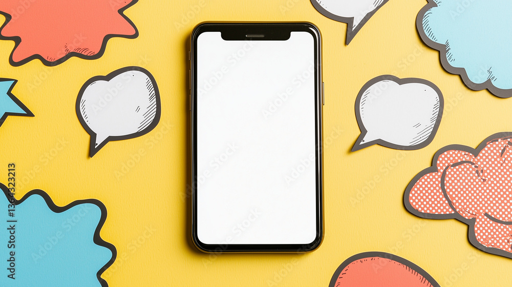 Poster communication in pop art: a smartphone sits center stage, its blank screen inviting engagement, whil