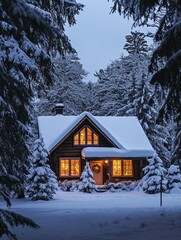 Charming winter cottage with glowing windows surrounded by fresh snow creates a warm festive atmosphere in a peaceful forest setting