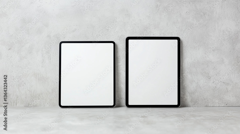 Poster digital display mockup: two blank tablet screens on a textured surface, perfect for showcasing app i