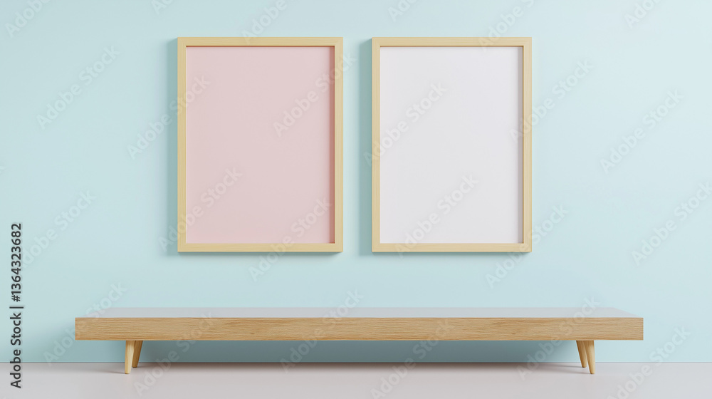 Poster empty frames on display: a minimalist composition featuring two blank frames, one soft pink, the oth