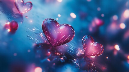 Glass hearts sparkle on dark blue surface, romantic background, Valentine's use