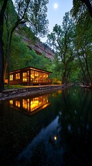 Moonlit Cabin River Reflection.