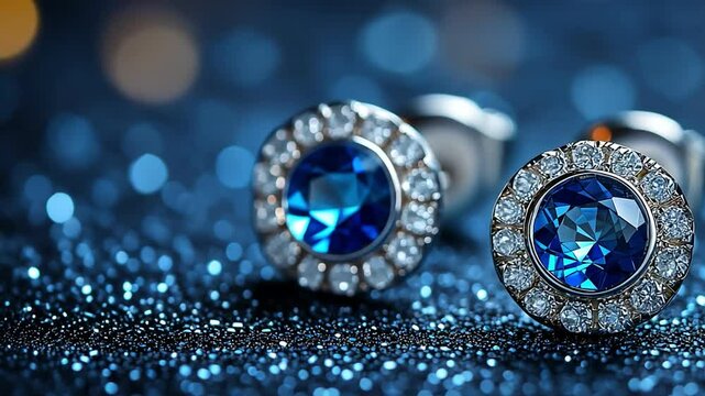Elegant blue earrings with luxury gemstones and sparkling diamonds, showcasing exquisite fashion in shimmering setting.