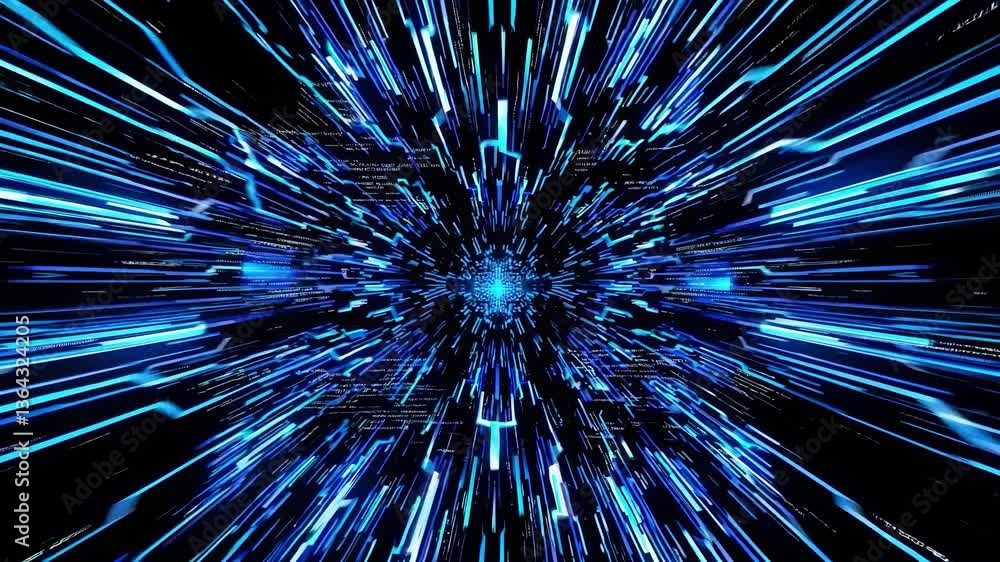 Poster dynamic video concept of a futuristic light tunnel with a central vanishing point. captured from a f