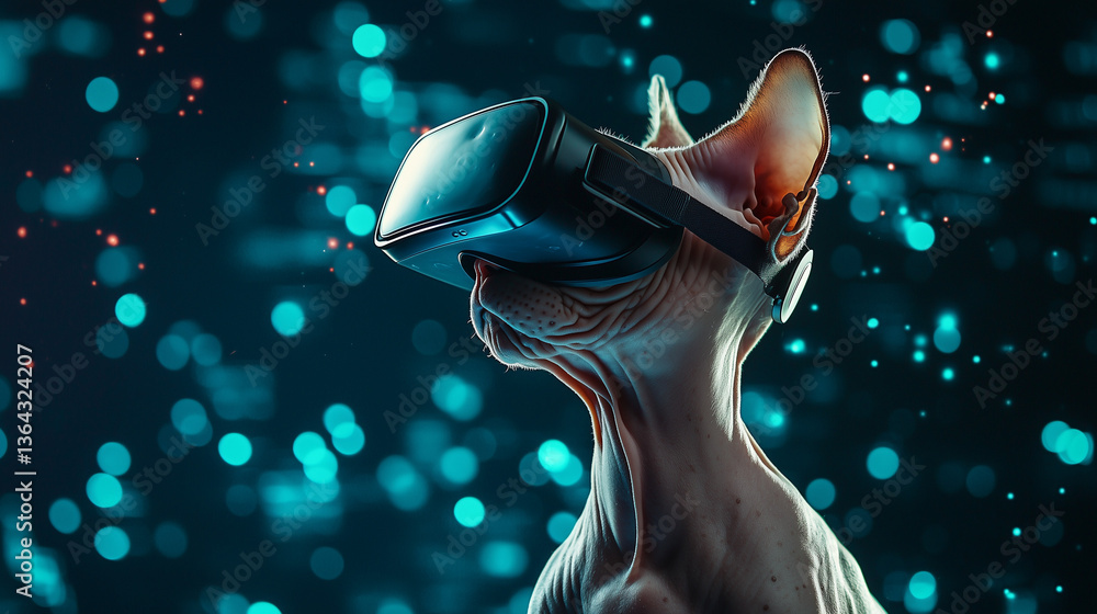 Poster sphynx cat immersed in metaverse: a mesmerizing image of a sphynx cat fully immersed in a virtual re