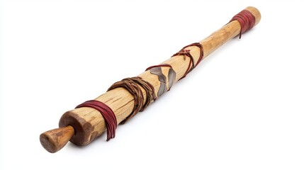 Wooden rolling pin with leather and twine binding is shown