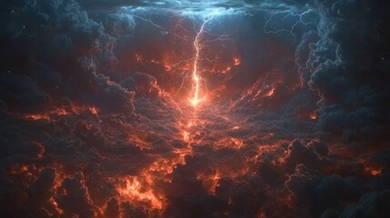 Fototapeta premium Dramatic lightning bolt striking through ominous dark storm clouds, illuminating the night sky.