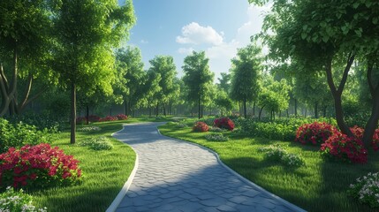 Serene stone path winds through a lush green park with vibrant flowers. Use it to illustrate peaceful walks, landscape design, or garden beauty.