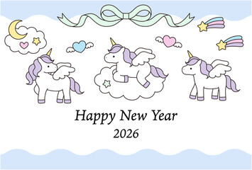かわいいユニコーンの年賀状のテンプレート。2026年、午年、白馬、ベクター、干支、ゆめかわ
