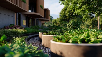 A beautifully landscaped garden featuring modern planters, lush greenery, and a contemporary building backdrop, creating a serene outdoor environment.