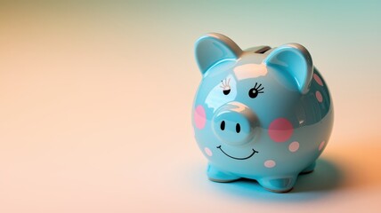 Cute Blue Piggy Bank with Polka Dots on Soft Pastel Background