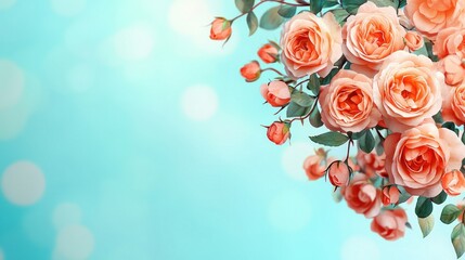 Beautiful Peach Roses Bouquet on a Light Blue Background Perfect for Spring or Summer Designs Greeting Cards and Romantic Projects