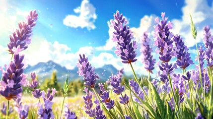 Fototapeta premium Vibrant Lavender Field Under a Sunny Sky Serene Nature Landscape
