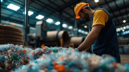 Naklejka premium A worker sorts through plastic waste in a recycling facility, wearing safety gear and focused on the task at hand.