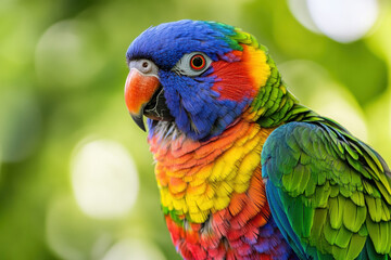 Colorful tropical parrots including a blue and yellow macaw and rainbow lorikeets perched on a branch in nature