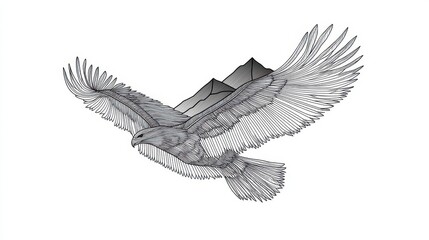 Fototapeta premium Majestic Eagle Soaring Mountains Line Art.