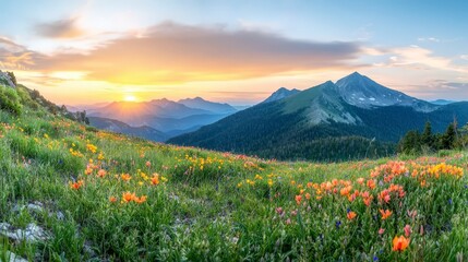 Fototapeta premium Majestic Sunset Mountain Panorama with Wildflowers
