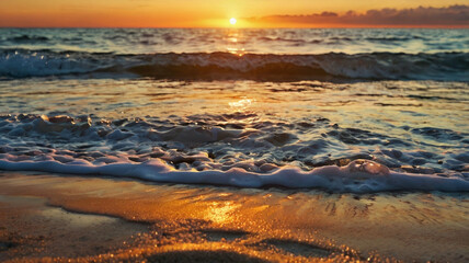 Obraz premium Serene Sunset at the Beach with Waves gently Rolling onto the Shoreline