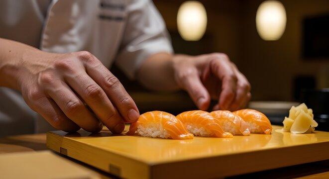 Chef de sushi preparando nigiri de salm&oacute;n fresco