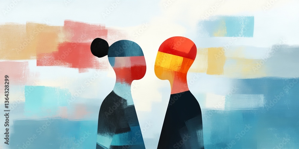 Poster colorful abstract representation of two figures facing each other in a serene setting, symbolizing c