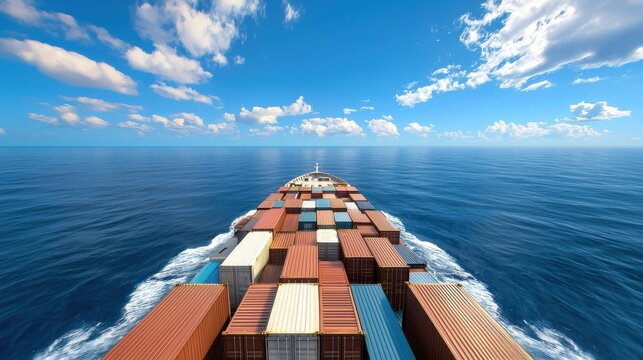 Aerial view of a large cargo ship sailing across the calm blue ocean with rows of multicolored shipping containers stacked on its deck  The ship is heading towards the horizon under a bright