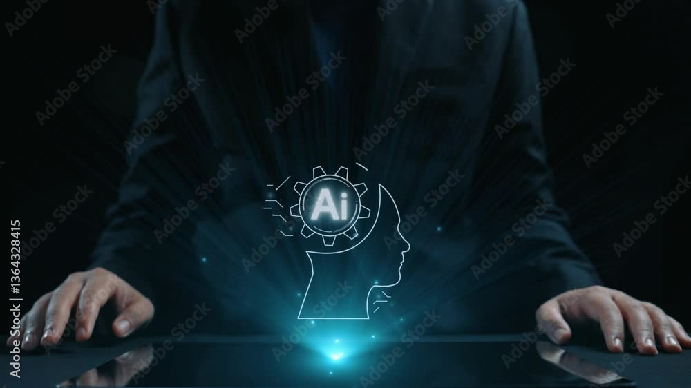 Poster human interact with ai artificial intelligence brain processor in concept of ai artificial intellige