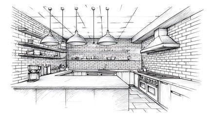 Sketch of modern kitchen design with brick walls, island, and pendant lights.