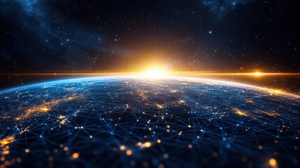 Obraz premium Earth view from space with connected city lights and a sunrise. Good for technology, globalization, and network related concepts.