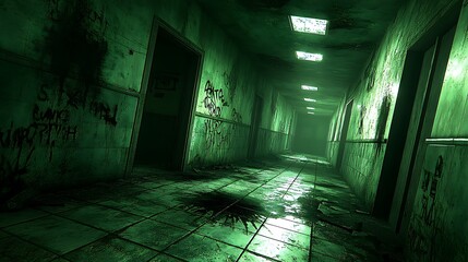 Spooky, dark, green-lit hospital hallway with graffiti and stains.