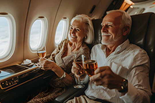 高齢夫婦が飛行機内で楽しむ贅沢な旅行の様子