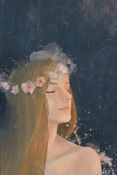 romantic illustration with a beautiful girl with golden blonde hair, with her eyes closed on a dark background, soft light falls on the girl from a spring window.