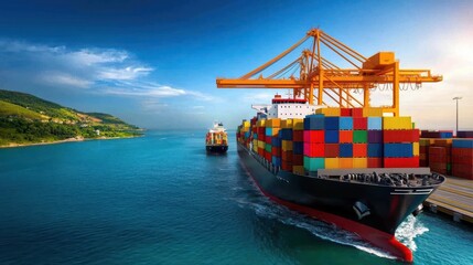 Fototapeta premium Aerial view of a busy seaport with a large cargo ship unloading colorful shipping containers onto the docks using towering cranes The port s infrastructure