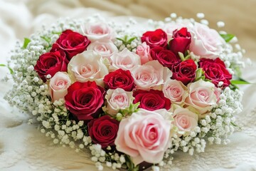 Red and pink roses with baby's breath form a heart shape bouquet. Use this image for Valentine's Day cards or wedding invitations.