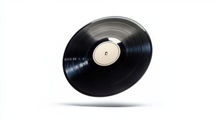 A classic black vinyl record is shown in midair isolation
