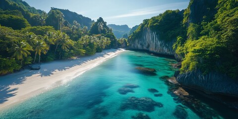 Aerial view of a secluded tropical cove with white sand beach, turquoise emerald water, lush palm trees, and towering cliffs — ideal for travel, nature, and paradise-themed content.