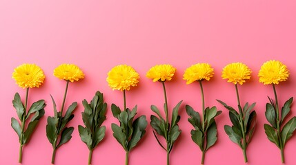 Obraz premium Bright Yellow Flowers with Green Leaves on Pink Background