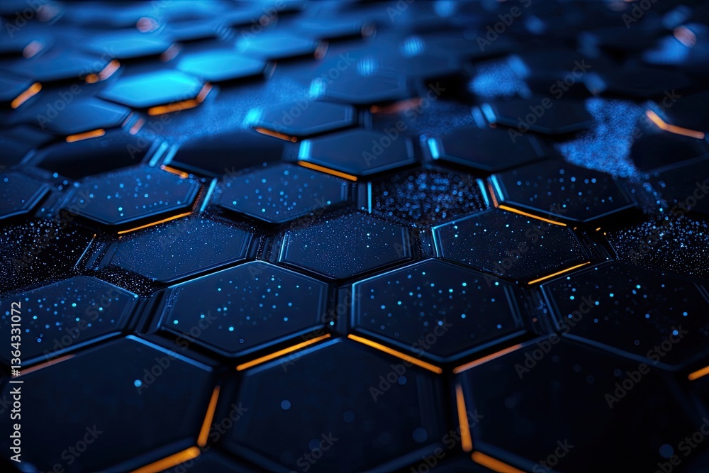 Poster abstract hexagonal grid with glowing edges and digital particles