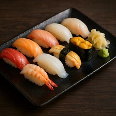 Plato de sushi surtido premium en bandeja de madera