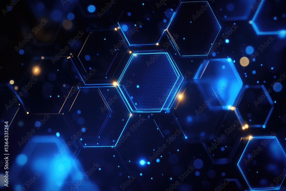 Poster abstract hexagonal network with glowing blue lines and particles