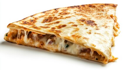 A triangular cut of a delicious cheese quesadilla with melted cheese